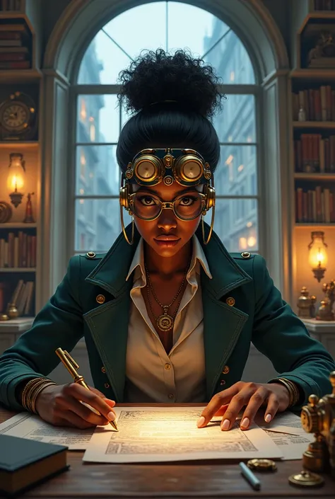 black woman steampunk detective in office
