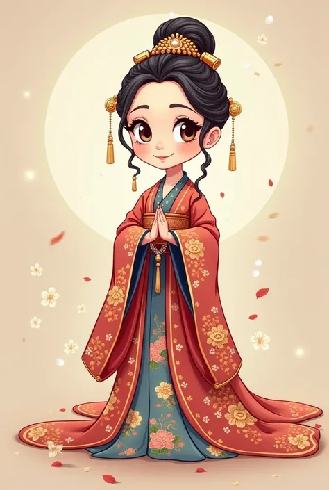 Here’s a suggested prompt in English for creating a cartoon-style image of a woman dressed in Qing dynasty attire:

“An illustration of a cartoon-style woman wearing traditional Qing dynasty attire from ancient China. She is adorned with a detailed and ele...