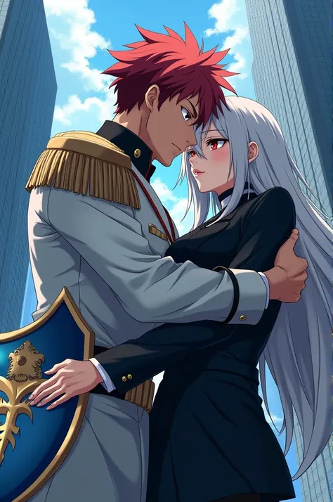 anime, attractive and manly man , semi-stocked build ,  messy red hair ,  red eyes and he wears a white and blue navy uniform ,  you can also see a blue and gold metallic shield ; in her arms,  embraces an attractive woman with an arrogant and haughty pres...