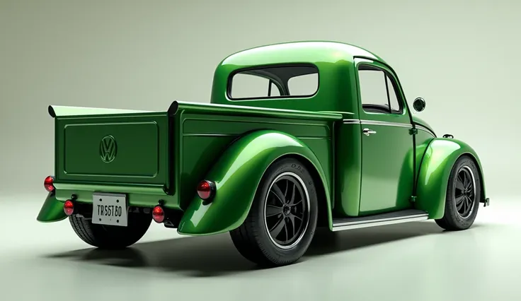 Straight direct back view of A captivating 3D render of a 1960 VW Beetle pickup truck transformed into a modern, luxurious masterpiece. The Pickup’s iconic design is enhanced with sleek, futuristic elements, such as a streamlined body, large alloy wheels, ...