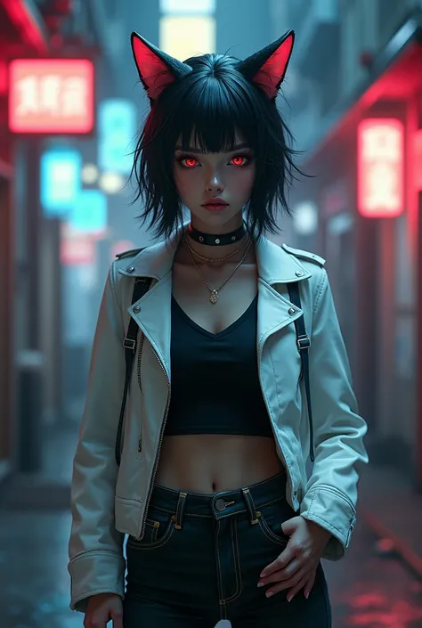 1 anime cat-girl robot, hyper-detailed face, beautiful eyes, beautiful lips, intricate cyberpunk outfit, white leather jacket, black t-shirt, black jeans, standing in a dimly lit urban alley, neon lights, gritty atmosphere, cinematic lighting, highly detai...