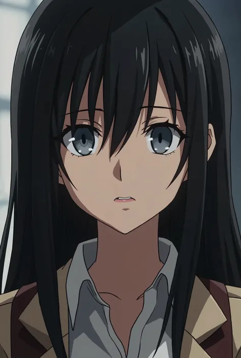 (This character is from the anime Attack on titan, creating a real character with an emotionless, cool, pretty sexy face, beautiful breasts, a pretty sharp Latin girl face, gray-blue eyes. She stares blankly forward, her hair is completely black and withou...