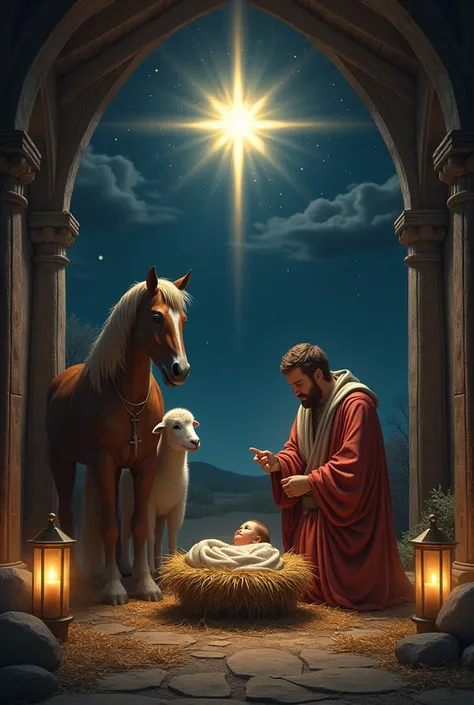 Joseph and Mary, Jesus in the manger, a sheep, and a horse in the stable, this night with a big bright star in the sky