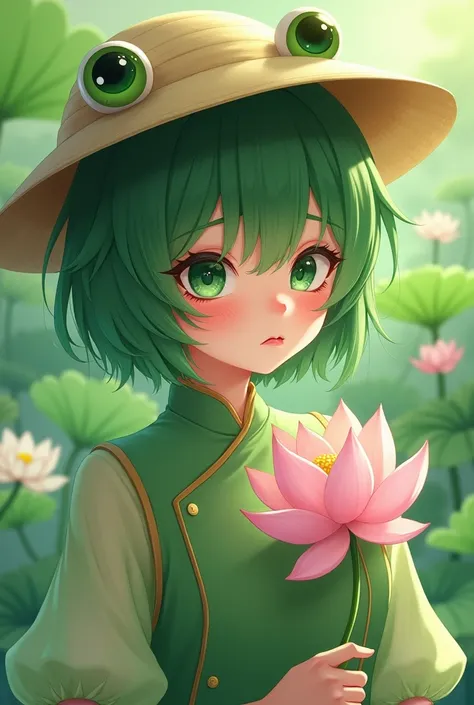  Chinese 18-year-old girl ，Short green hair ， Green pupils，Wear a green dress， The hat on the head has two frog eyes ， There is a mole above the left corner of the mouth，Revealing the upper part of the big chest，  holding a lotus flower in her right hand  ...