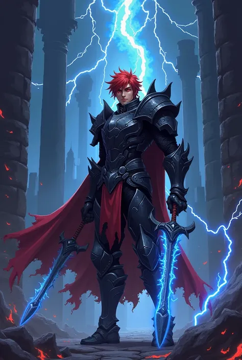 Pixel art male character , anime ,  red hair ,  red eyes  ,lightning ,  large black plate armor Darkness flying deep , black castle , tall black pillars , Big throat pixel art , muscular armor , Lightning  ,  made of glowing blue ray swords  ,  fighting Wa...