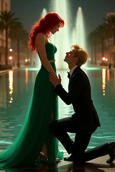 Red-haired woman in an ankle-length emerald green dress and gold heels . a blond man in a black suit kneeling in front of her in a fountain at night 