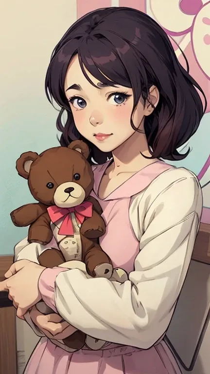 a girl holding a teddy bear in her arms, cute kawaii girl, cute anime, cute anime girl, cute cartoon, cute art style, cute cartoon character, cute anime style, anime visual of a cute girl, kawaii  kawaii realistic portrait, cute character, cute anime girl ...