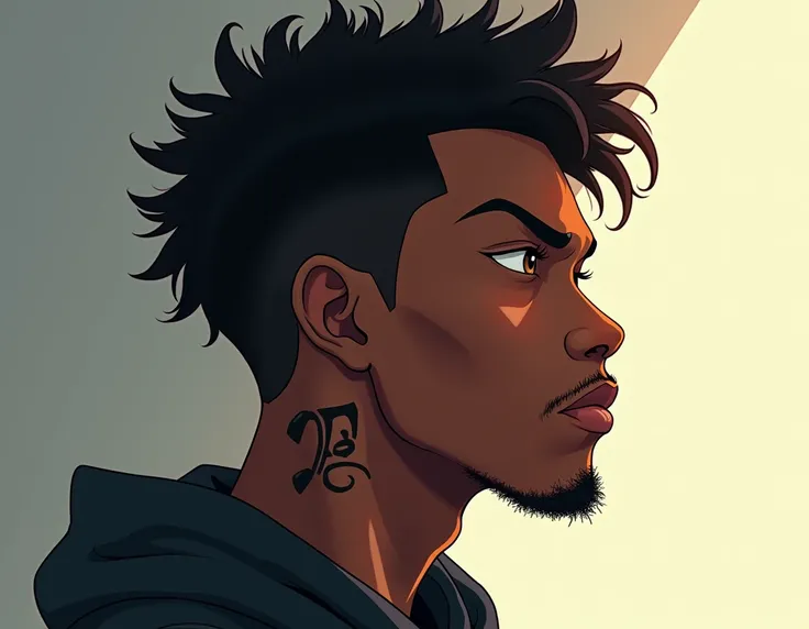 A face of a black male human in an anime-style profile with musical note tattoos