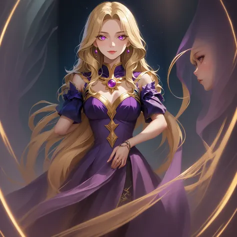 a woman with blonde hair wearing a purple dress, portrait knights of zodiac girl, extremely detailed artgerm, portrait of a female mage, knights of zodiac girl, style artgerm, princess of amethyst, ! dream artgerm, artgerm portrait, artgerm. anime illustra...