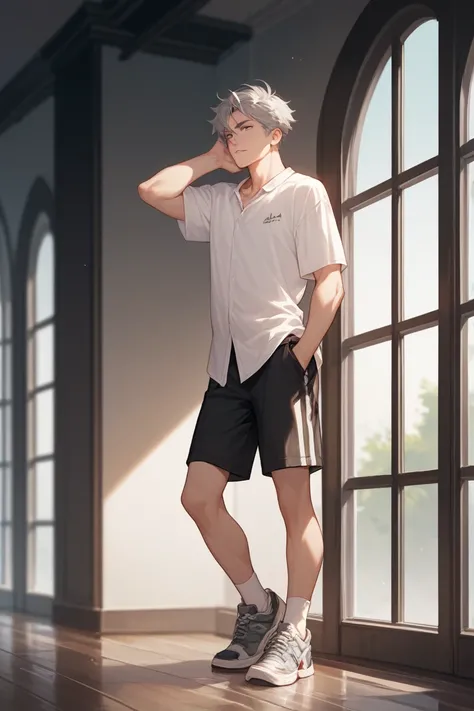   full length, adult boy in his 30s with grey hair, in a white shirt and knee-length black shorts, he stands and looks frightened out the window