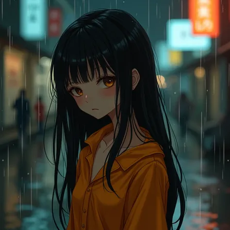  street. On a rainy night, her shirt had been turned orange with water, wanting to see a little bit of her milk.1 girl,  black hair,  Very Long Hair , sleepy, Brown skin, water, honey, right on the edge of the NSFW  