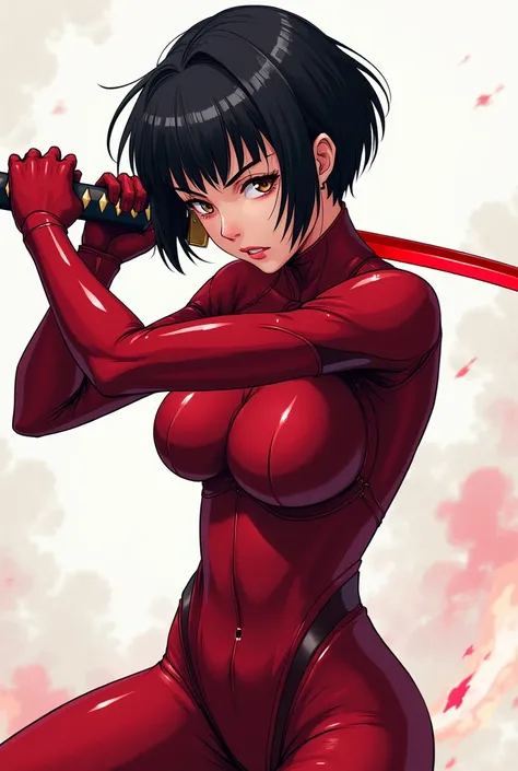 An Asian woman with more or less short black hair with wide bangs and brown eyes holding two red katanas. She has a defiant look and wears a red technological suit attached to her body.. art style: anime.