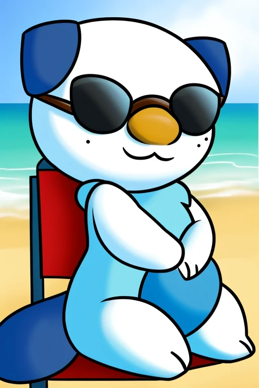 shawott, furry, chibi, black eyes, solo, seashell, body fur, (best quality), beach background, detailed fluffy fur, looking at viewer, whiskers, smile, nose, (tail:1.1), sitting in chair, sunglasses, on each