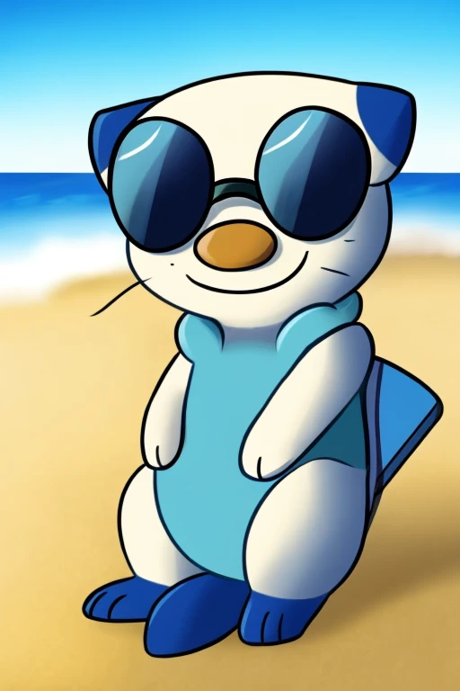 shawott, furry, chibi, black eyes, solo, seashell, body fur, (best quality), beach background, detailed fluffy fur, looking at viewer, whiskers, smile, nose, (tail:1.1), sitting in chair, sunglasses, on each