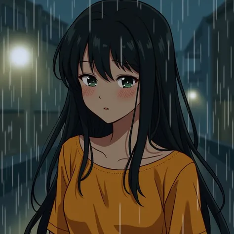  street. On a rainy night, her shirt had been turned orange with water, wanting to see a little bit of her milk.1 girl,  black hair,  Very Long Hair , sleepy, Brown skin, water, honey, right on the edge of the NSFW  สไตล์แบบสมจริง