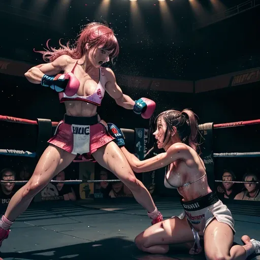 dynamic battle action, muscular and sixpack abs body, they are (((((beating each others body and face by uppercut punch))))) so hard. two (((bloody)))) cute Japanese high school student girl kickboxers are fighting in the octagon fighting ring of undergrou...