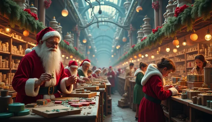 Thousand of elves making presents for Christmas and Santa with his Christmas reindeers