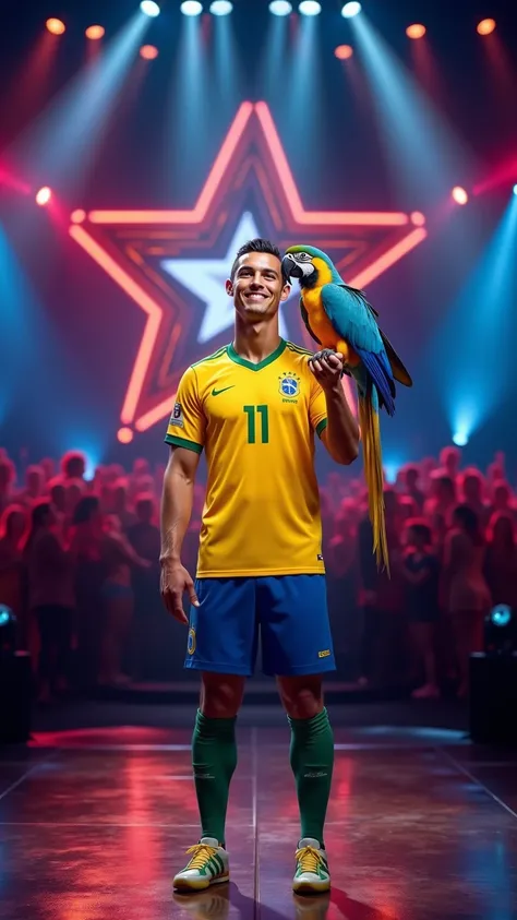 A realistic 4K depiction of a man resembling Cristiano Ronaldo wearing the Brazilian national soccer team jersey, standing on a brightly lit stage resembling a "Got Talent" show. He is holding a vibrant blue-and-yellow macaw (arara) perched confidently on ...