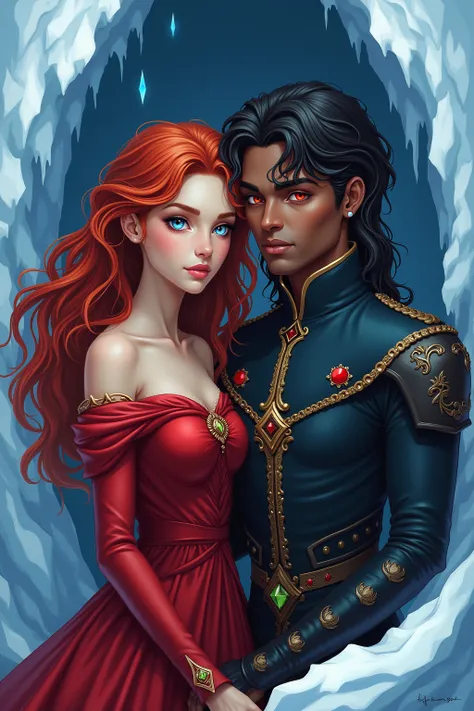  Realistic drawing of a young and handsome prince of darkness and ice, blue eyes,  landscape divided into ice consumed by fire ,  realistic young and beautiful black-skinned princess , red-haired locks,  red eyes in a red dress . The princess must have red...