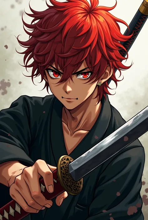 (Japanese anime )  Make a teenager boy , Rough,  red hair and have curlers in his hair ,  red eyes with a katana and black kimono  , VERY ROUGH brown skin (curly hair)