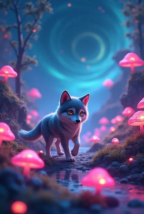 Cute wolf walking through a cosmic valley of neon glowing mushrooms