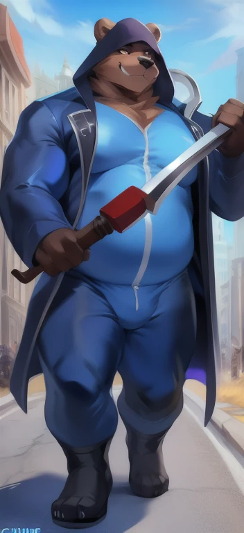  alone,Big Man, Big torso ,road , HUGekka,big bear ,Holding a sickle as a weapon like a grim reaper.,   blue military spacesuit,  Overweight ,  Muscle Bundle, smirking evil​, Yandre , by chunie 