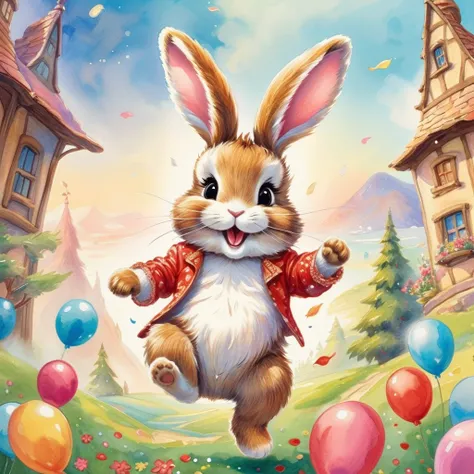 ((bunny playing)),dance,raise a hand,jump,open your mouth,indoor,masterpiece,highest quality,fluffy bunny,Little,cute,Futebutesi,fun,happiness,,Fashionable scenery,glitter effect,celebration,anatomically correct,All the best,The most cute bunny,Cute bunny，...