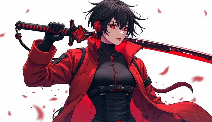 Cyberpunk anime style illustration , red and black mix of Cyber high tech katana sword  , in white background