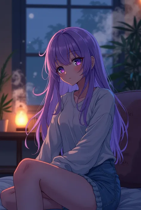 An anime-style female character with long purple hair and striking purple eyes, adult roughly twenty four, stoner aesthetic, chilling in the smoke room groovy, dark room chill vibes