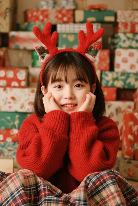 A girl wearing a reindeer headband 、 wearing a red sweater and plaid skirt、 poses in front of a pile of presents 。