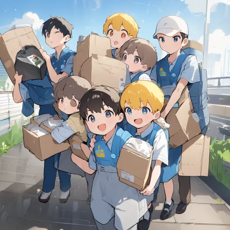  employees collecting discarded goods、 young man、Fresh appearance 、Good Youth、Carrying cardboard