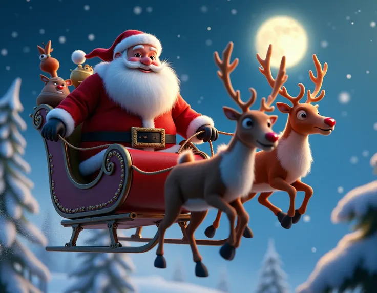 Imagine Santa Claus on the Pixa-style reindeer sleigh