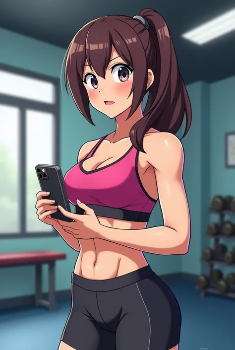 cartoon of a woman in a gym room holding a cell phone, an anime drawing inspired by Inoue Naohisa, pixiv, shin hanga, in a gym, fit girl, chun li at the gym, working out, in an anime style, in anime style, anime moe artstyle, ig studios anime style, makoto...