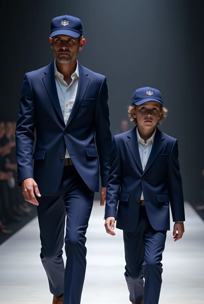 LEON PADRE AND LEON SON WEARING NAVY BLUE CLOTHES WITH NAVY BLUE CAP WALKING DOWN THE FASHION RUNWAY 