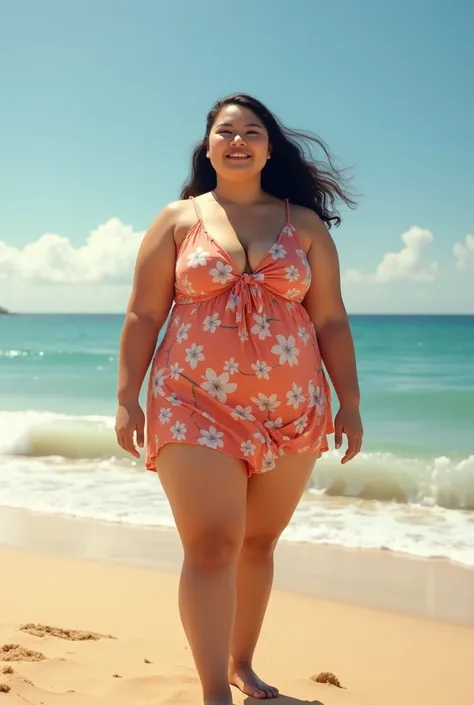 An Asian girl weighing 150 kilograms is standing on the beach happy