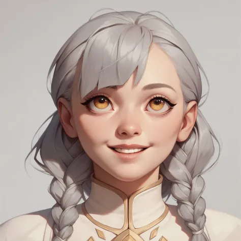 Top quality, high image quality, masterpiece, gray hair, golden eyes, white clothes, looking up, upper body, hair strands, fair skin, side braids, smiling, double teeth