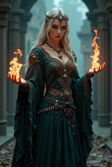 White woman blue eyes medieval black witch with fire in her hands 