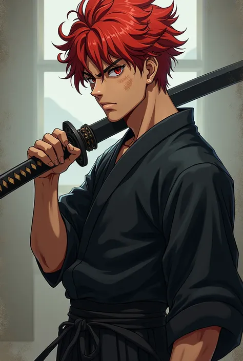 (Japanese anime )  Make a teenager boy , Rough,  red hair and hair with curlers,  red eyes with a katana and black kimono  , VERY ROUGH brown skin and more muscle  