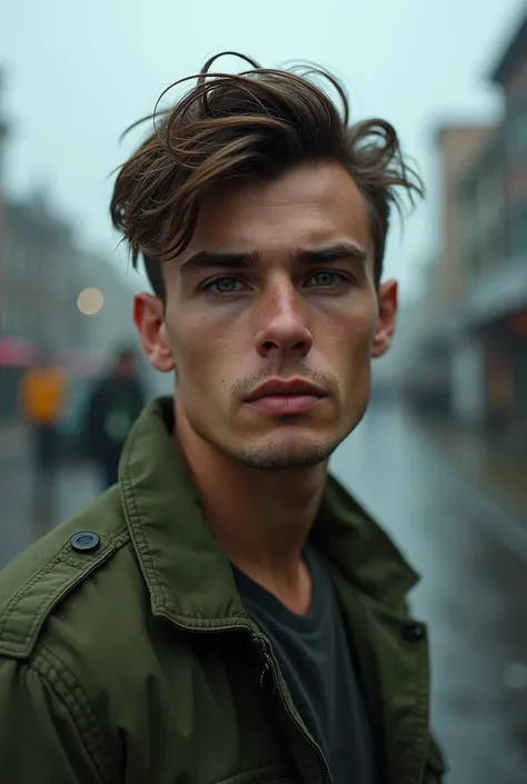 4k, 8K, UHD, HDR-10,  ,  portrait of a young man, manly,  21 years old, Brown hair,  haircut sidepart  , sidepart , Quiff, medium length hair ,  green eyes,  scar over his left eyebrow , Cropped eyebrow, Rough,  dressed in a green military jacket, in an ap...