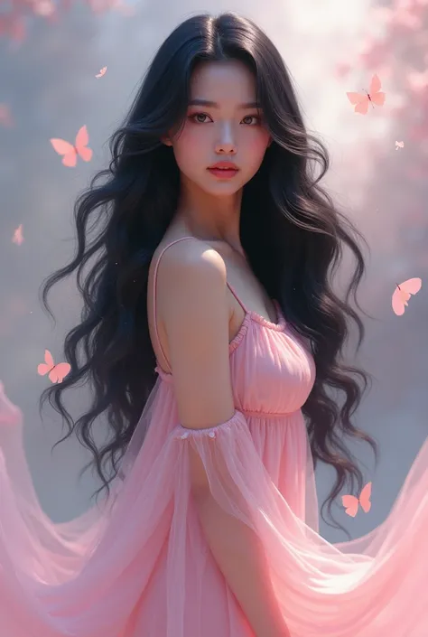 a woman with long black hair down to her stomach and a  pink pastel dress