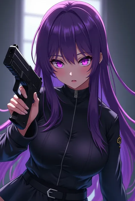 An anime-style female character with long purple hair and striking purple eyes, adult roughly twenty four holding w gun looking bad ass