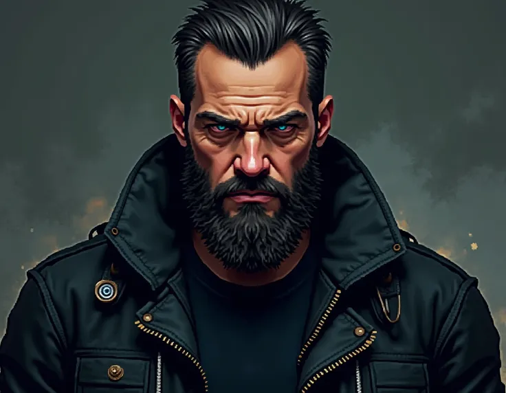 imagine a bearded man in a black Terminator-style jacket, pixi style