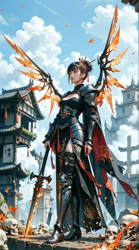  A dark knight wearing a skeleton in black armor ， after the constant tearing of the monsters ， and causing a round hole in the sky ，The flaming wings on the back also continuously release heat to the surroundings due to excitement， Japanese illustration s...