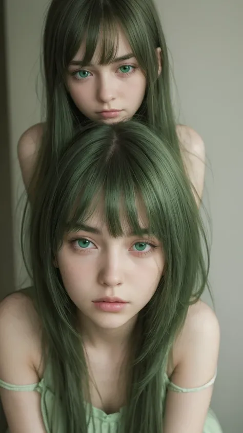 a girl. European. Extremely detailed face. Oval face. Delicate facial features. Half-closed eyes. Long straight hair. Messy hair. Bangs. Green hair. Green eyes. lewd expression. sad mood