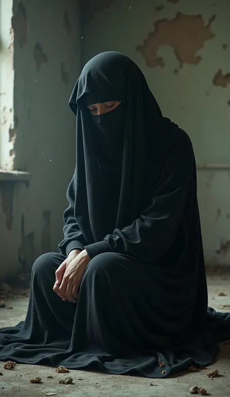 d a woman wearing a black burqa are sitting in a bad crying