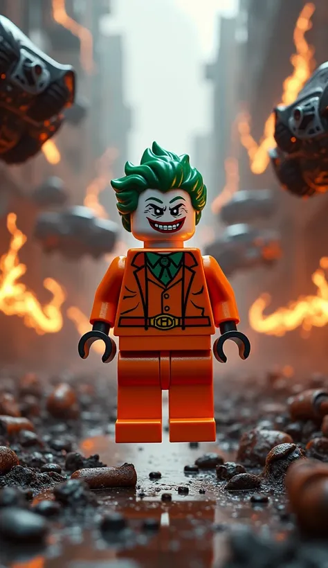 Lego magneto merged with lego joker, floating mid air, orange suit, in a scrapyard, bent cars floating around, orange lightenings, strong magnetic field, lego.