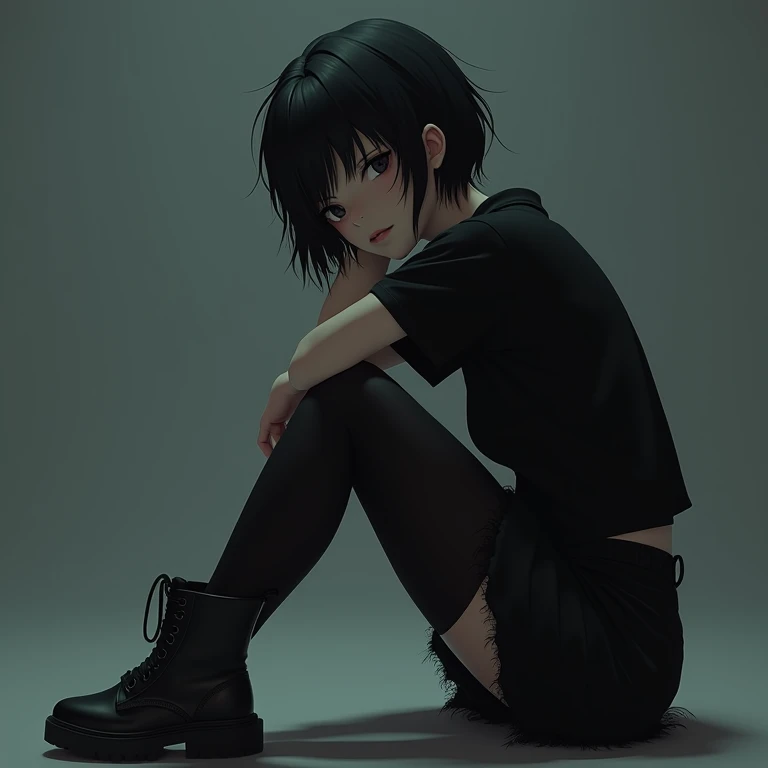 Female Emo Anime Character Black Skirt Black Shirt Short Sleeve Black Tights Black Boots Big Black Hair Dark Eyes White Skin Photo Shoot Pose