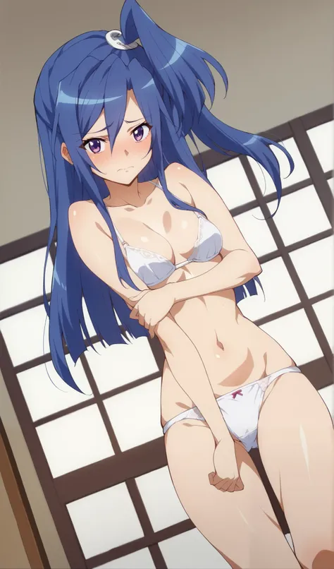 Tsubasa Kazanari (Season 01)、
Long hair, blue hair, one side up, purple eyes,underwear、 low rise panties 、blush、Embarrassed、 very small chest、 holding the chest with arms 、 mature woman、