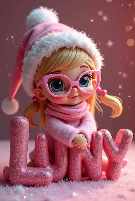 A cute Christmas Thinckerbell girl color pink sitting in the words Luny in beautiful letters color pink and magenta with cupper and peach and glittery with es color pink and glasses color pink with magenta and burgundy glitterering background