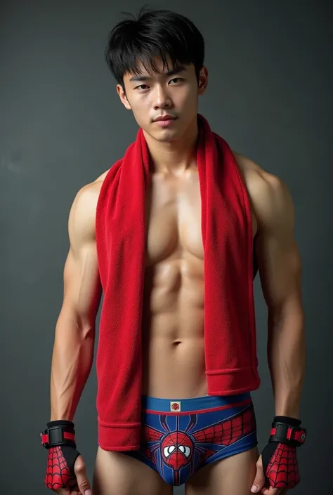 Handsome and sexy Chinese Teenageer, teen, young, boy, shirtless, Towel spiderman around the neck, Spiderman underwear open on one side and showing his sixpack abs, muscular, sixpack, young, front view, Korean idol, biceps and triceps, Spiderman gloves, ph...